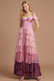 Pink A Line Tiered Ruffled Off the Shoulder Maxi Wedding Guest Dress