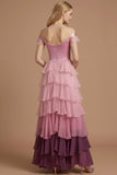 Pink A Line Tiered Ruffled Off the Shoulder Maxi Wedding Guest Dress