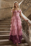Pink A Line Tiered Ruffled Off the Shoulder Maxi Wedding Guest Dress