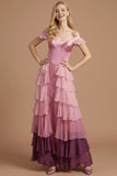 Pink A Line Tiered Ruffled Off the Shoulder Maxi Wedding Guest Dress