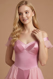 Pink A Line Tiered Ruffled Off the Shoulder Maxi Wedding Guest Dress