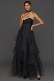 Black Ruffled Tiered A Line Strapless Long Formal Dress