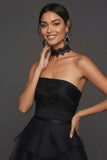Black Ruffled Tiered A Line Strapless Long Formal Dress