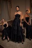 Black Ruffled Tiered A Line Strapless Long Formal Dress
