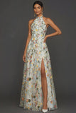 White Floral A Line Embroidered High Neck Long Formal Dress with Slit