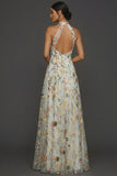 White Floral A Line Embroidered High Neck Long Formal Dress with Slit