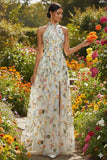 White Floral A Line Embroidered High Neck Long Formal Dress with Slit