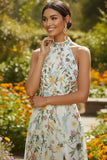White Floral A Line Embroidered High Neck Long Formal Dress with Slit