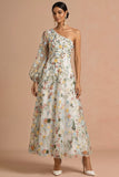 White Floral A Line One Shoulder Embroidered Long Formal Dress