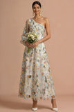 White Floral A Line One Shoulder Embroidered Long Formal Dress