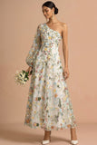 White Floral A Line One Shoulder Embroidered Long Formal Dress