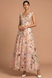Pink A Line V Neck Floral Embroidered Long Formal Dress