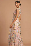 Pink A Line V Neck Floral Embroidered Long Formal Dress