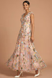 Pink A Line V Neck Floral Embroidered Long Formal Dress
