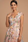 Pink A Line V Neck Floral Embroidered Long Formal Dress