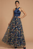 Navy Floral A Line Hater Neck Embroidered Sleeveless Long Formal Dress