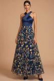 Navy Floral A Line Hater Neck Embroidered Sleeveless Long Formal Dress