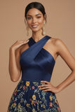 Navy Floral A Line Hater Neck Embroidered Sleeveless Long Formal Dress