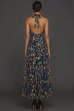 Floral Navy A Line Halter Neck Embroidered Long Formal Dress