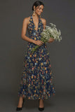 Floral Navy A Line Halter Neck Embroidered Long Formal Dress