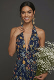 Floral Navy A Line Halter Neck Embroidered Long Formal Dress