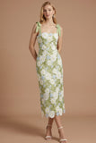 Green Floral Appliqued Thick Straps Bowed Midi Wedding Guest Dress