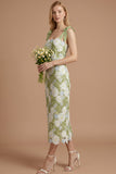 Lilac Floral Sheath Thick Straps Bowed Midi Wedding Guest Dress