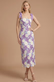 Lilac Floral Sheath Thick Straps Bowed Midi Wedding Guest Dress