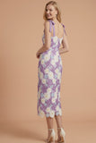 Lilac Floral Sheath Thick Straps Bowed Midi Wedding Guest Dress