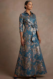 Floral Blue Jacquard A Line Long Formal Dress with Bow