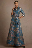 Floral Blue Jacquard A Line Long Formal Dress with Bow