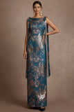 Blue Jacquard Sheath Floral Round Neck Long Formal Dress with Bow