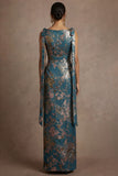 Blue Jacquard Sheath Floral Round Neck Long Formal Dress with Bow