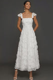 White A Line Sparkly Sequined Appliqued Floral Long Engagement Dress