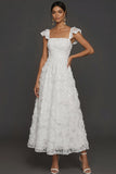 White A Line Sparkly Sequined Appliqued Floral Long Engagement Dress
