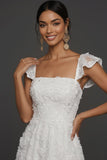 White A Line Sparkly Sequined Appliqued Floral Long Engagement Dress