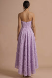 Lilac Floral Appliqued Strapless Backless High Low Formal Dress