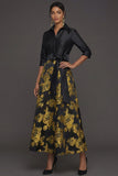 Floral Golden Jacquard Collar Neck Long Formal Dress