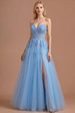 Blue A Line Sweetheart Floral Appliqued Long Prom Dress with Slit