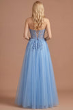 Blue A Line Sweetheart Floral Appliqued Long Prom Dress with Slit