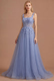 Dusty Lavender A Line Corset Appliqued Thick Straps Long Prom Dress