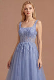 Dusty Lavender A Line Corset Appliqued Thick Straps Long Prom Dress