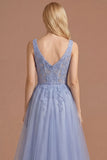 Dusty Lavender A Line Corset Appliqued Thick Straps Long Prom Dress
