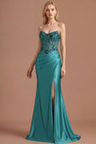 Peacock Satin Corset Floral Mermaid Appliqued Long Prom Dress with Slit