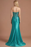 Peacock Satin Corset Floral Mermaid Appliqued Long Prom Dress with Slit