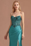 Peacock Satin Corset Floral Mermaid Appliqued Long Prom Dress with Slit