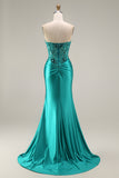 Peacock Satin Corset Floral Mermaid Appliqued Long Prom Dress with Slit