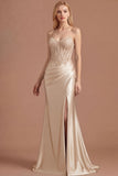 Satin Corset Floral Mermaid Appliqued Champagne Long Prom Dress with Slit