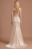 Satin Corset Floral Mermaid Appliqued Champagne Long Prom Dress with Slit