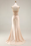 Satin Corset Floral Mermaid Appliqued Champagne Long Prom Dress with Slit